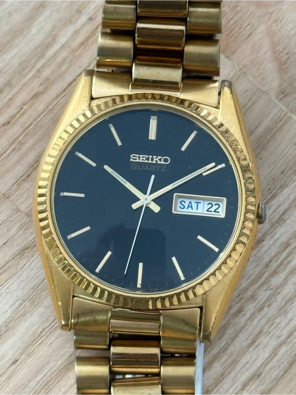 Seiko Presidential Vintage Men’s Watch Gold Case Bracelet Black Dial Date Window